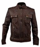 SLIM FIT STONE WASH WITH STRAP COLLAR LEATHER JACKET IN BROWN