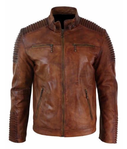 MEN’S BIKER VINTAGE CAFE RACER MOTORCYCLE DISTRESSED BROWN LEATHER JACKET
