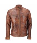 Men's Biker Quilted Distressed Vintage Cafe Racer Leather Jacket